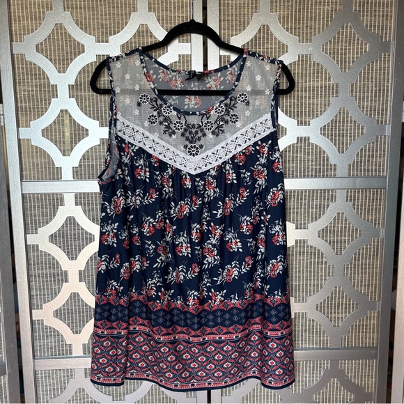 new directions Tops - New Directions Blue and Pink Embellished Blouse with Bib Collar